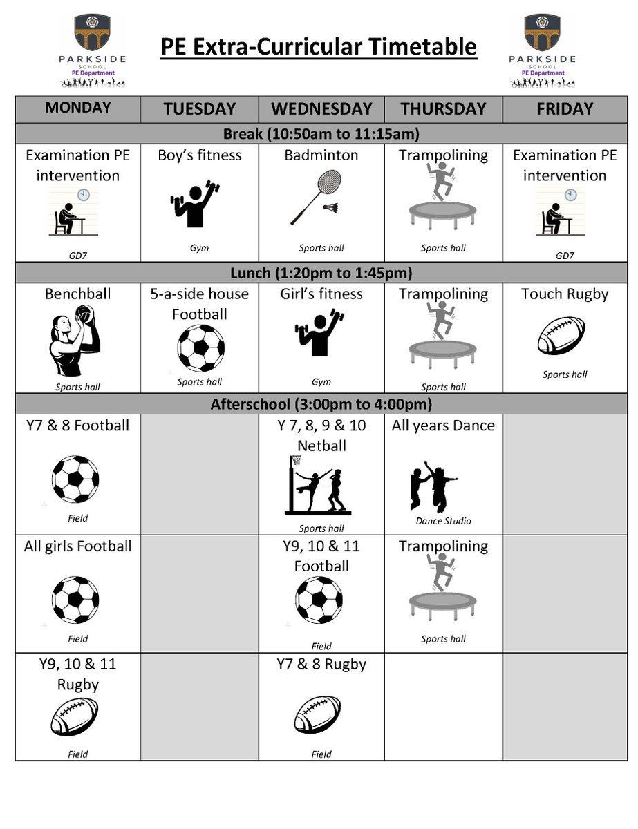 ParksideCulling's tweet photo. PE activities are off to a flying start. Which session are you going to choose?
Don't miss the other clubs on offer which will be shared during tutor time.
#ParksidePE
#ExtraCurricularActivities
#KeepingFitAndActive https://t.co/tRpTf5KCpT