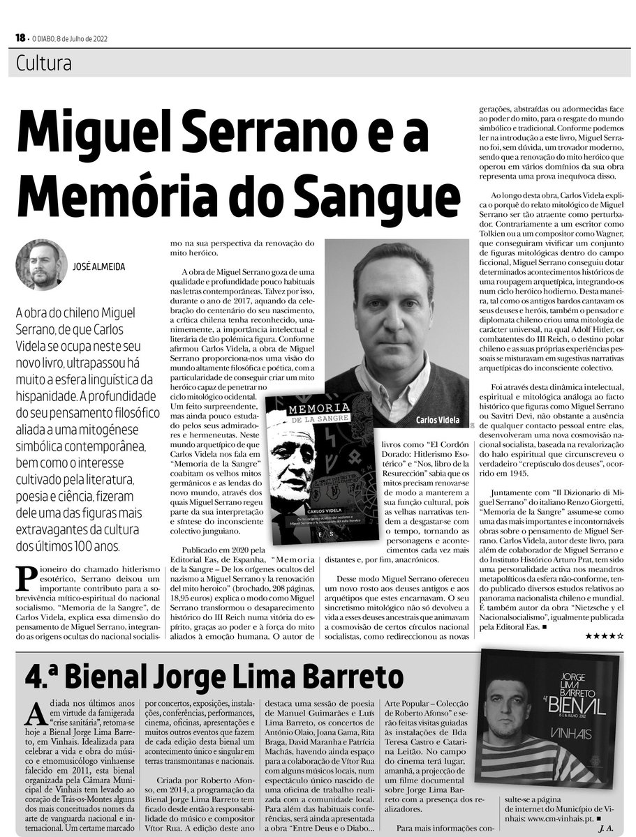 Editorialeas1's tweet photo. El semanario portugués "O Diavo" realiza una reseña al libro de Carlos Videla "Memoria de la Sangre: DE los orígenes ocultos del nazismo a Miguel Serrano y la renovación del mito heroico". #MiguelSerrano #editorialeas #esitorialeas1 #odiabo @josealmeida1143 https://t.co/Cy2dsC0Yqe