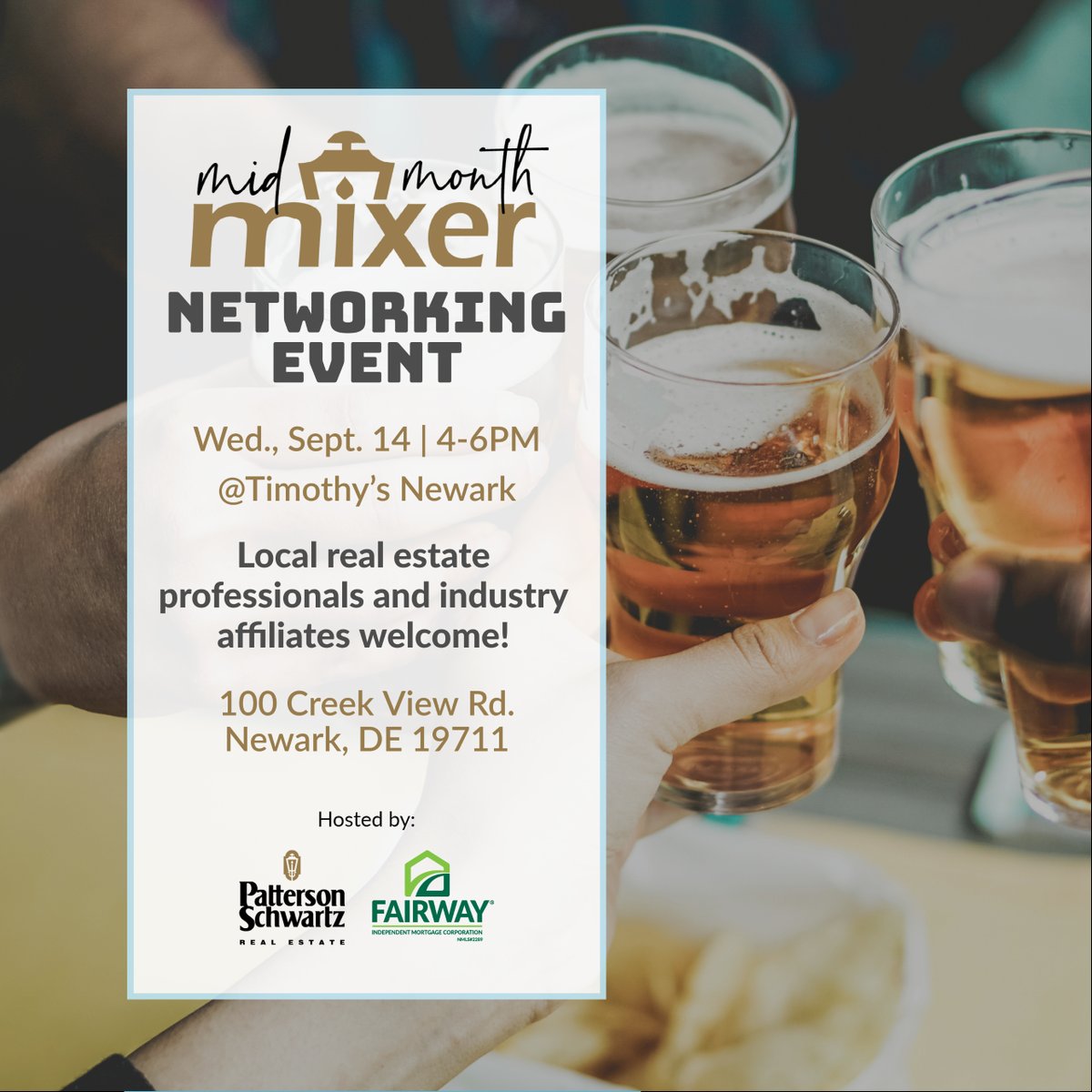 PattersonSchwar's tweet photo. TONIGHT'S THE NIGHT! Join us &amp; sponsor @FairwayDE for a networking event for local real estate professionals and industry affiliates at @TimothysNewark . Raffle, refreshments, &amp; endless opportunities to connect! More details here: https://t.co/fd9QlzF0Yc https://t.co/rywolwmRsU