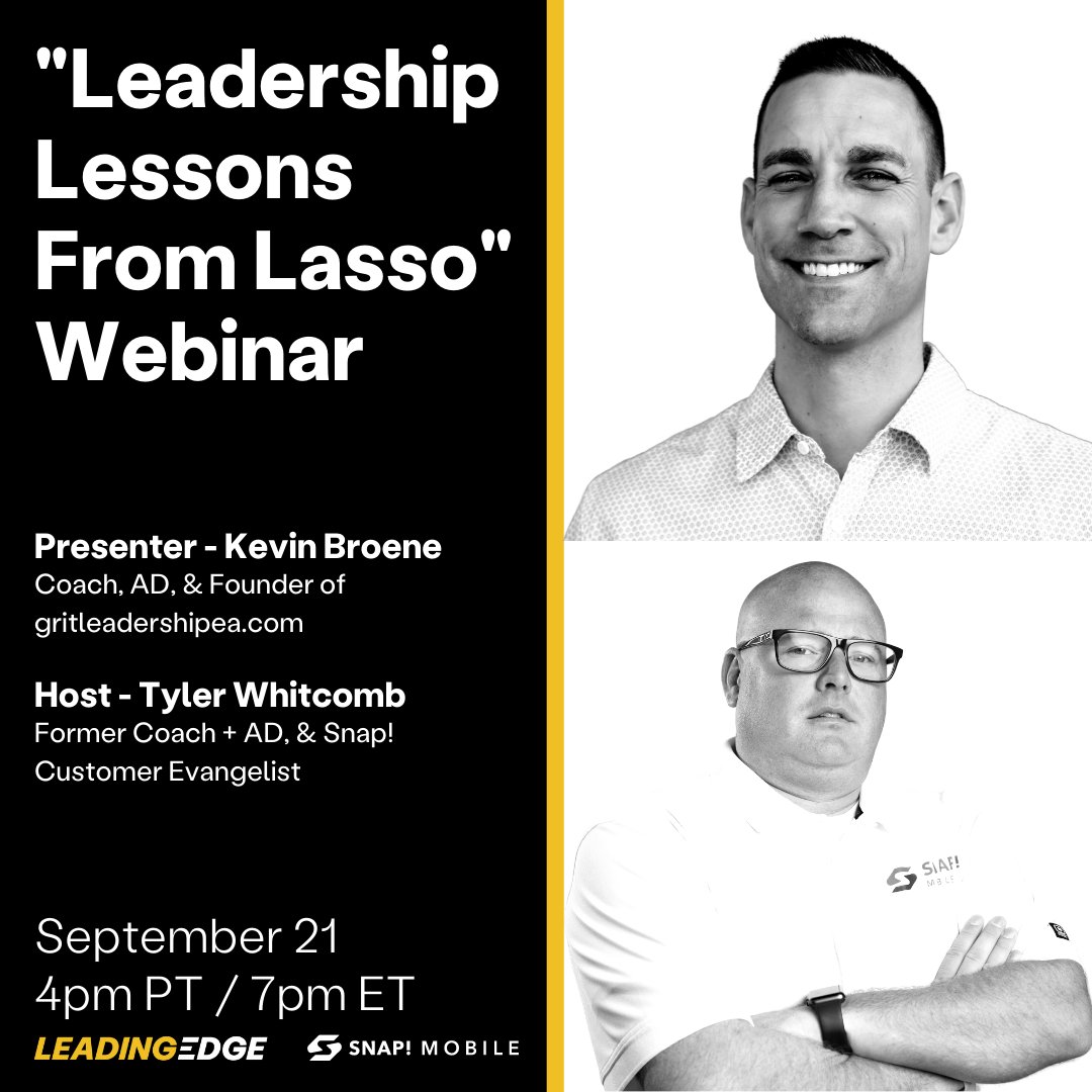 onsnapmobile's tweet photo. If you’re looking to level up your aptitude to lead, you’re in luck. Leading Edge and Snap! Mobile are partnering up on 9/21 to offer a “Leadership Lessons From Lasso” webinar hosted by @ea_grit's Kevin Broene. Save your spot: https://t.co/cqflJqR5H7 https://t.co/PbHbEKiYTL
