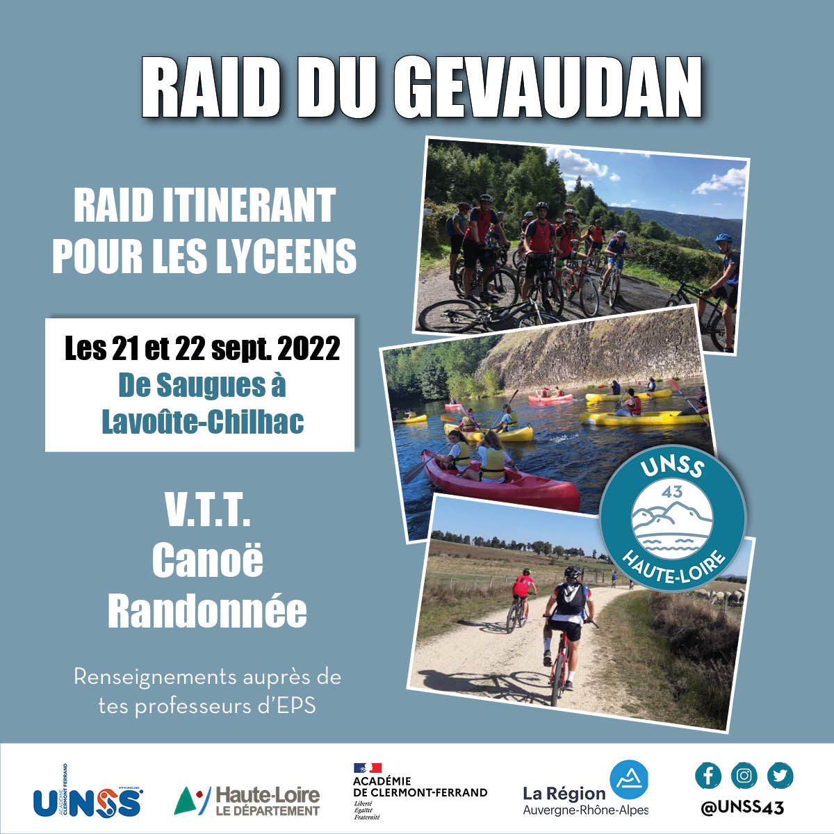 UNSS43's tweet photo. J-7 avant le RAID itinérant pour les lycéens !
Au programme :
🚵‍♀️V.T.T.
🚣Canoë
⛰Randonnée

🗺 Les élèves pourront découvrir le Gévaudan, de Saugues à Lavoûte-Chilhac. 
Rendez-vous les 21 et 22 septembre pour deux jours de sport 100% nature 🤩
#unss #unssauvergne #unsshauteloire https://t.co/9Lp98dYJuA