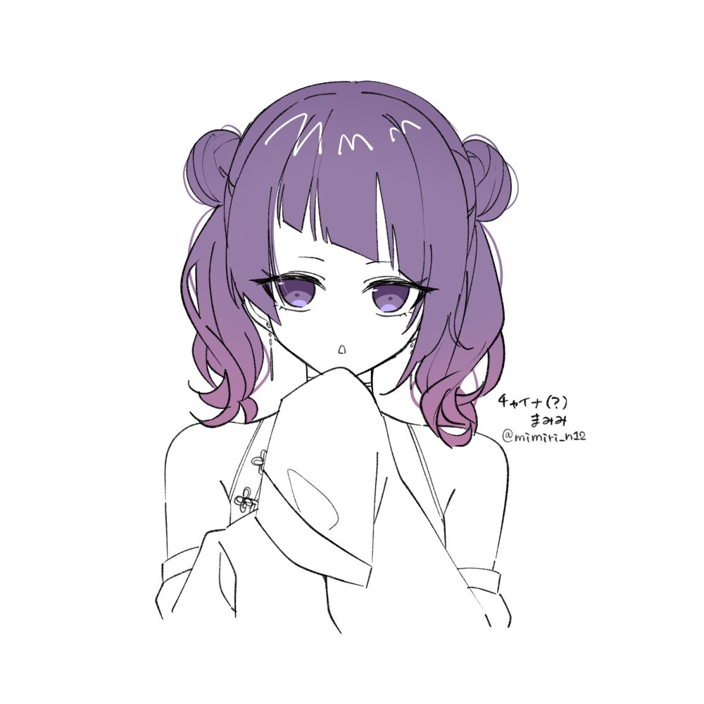 tanaka mamimi 1girl solo diagonal bangs bangs sleeves past wrists purple hair white background  illustration images