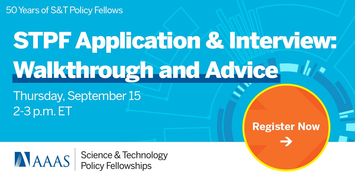 STPF Alumni (@stpf_alumni) on Twitter photo There’s still time to sign up for Thursday’s Live Chat all about the STPF application and interview process!
Bring your questions for STPF fellows <a href="/xoco_shinbrot/">Xoco Shinbrot, PhD</a>, <a href="/AnnaLHagstrom/">Anna Hagstrom, PhD</a> and <a href="/Drvinnyted/">Vince Tedjasaputra, PhD</a>.
Register now: go.stpf-aaas.org/Sept-2022-Live…
#scipol #scipoljobs <a href="/AAAS_STPF/">S&TPolicyFellowships</a> There’s still time to sign up for Thursday’s Live Chat all about the STPF application and interview process!
Bring your questions for STPF fellows <a href="/xoco_shinbrot/">Xoco Shinbrot, PhD</a>, <a href="/AnnaLHagstrom/">Anna Hagstrom, PhD</a> and <a href="/Drvinnyted/">Vince Tedjasaputra, PhD</a>.
Register now: go.stpf-aaas.org/Sept-2022-Live…
#scipol #scipoljobs <a href="/AAAS_STPF/">S&TPolicyFellowships</a>