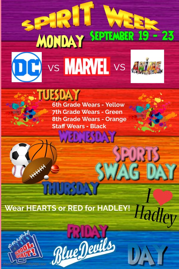 HadleyUSD259's tweet image. Next Week is Spirit Week! Sept 19-23, show some Hadley Spirit! #HadleyRocks