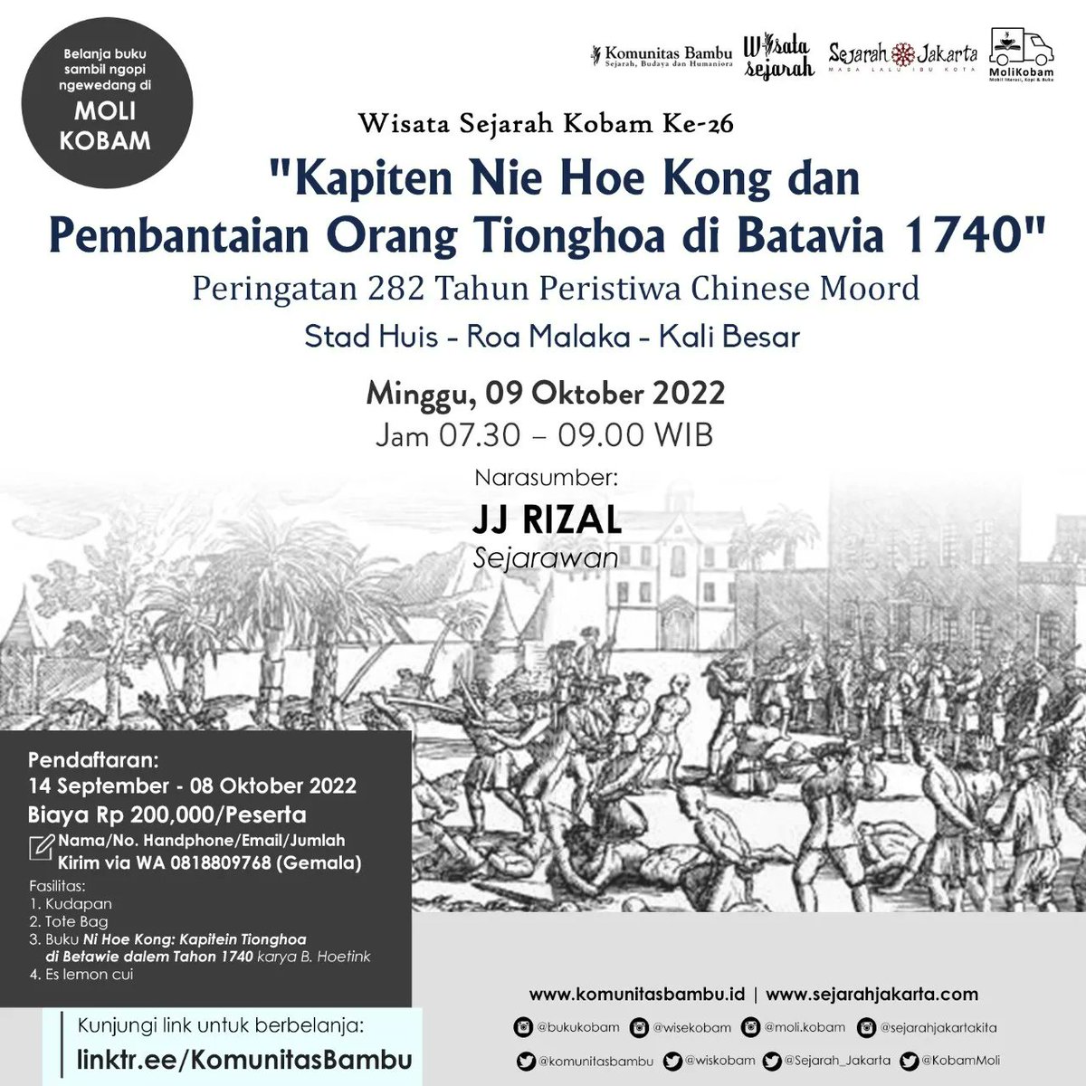 wiskobam's tweet photo. Wisekobam ngadain jalan2 lagi. Kali ini utk memperingati 282 tahun pembantaian org Tionghoa di Batavia. Catat tanggalnya: 9 Oktober, hari Minggu. https://t.co/e3VITe63qA