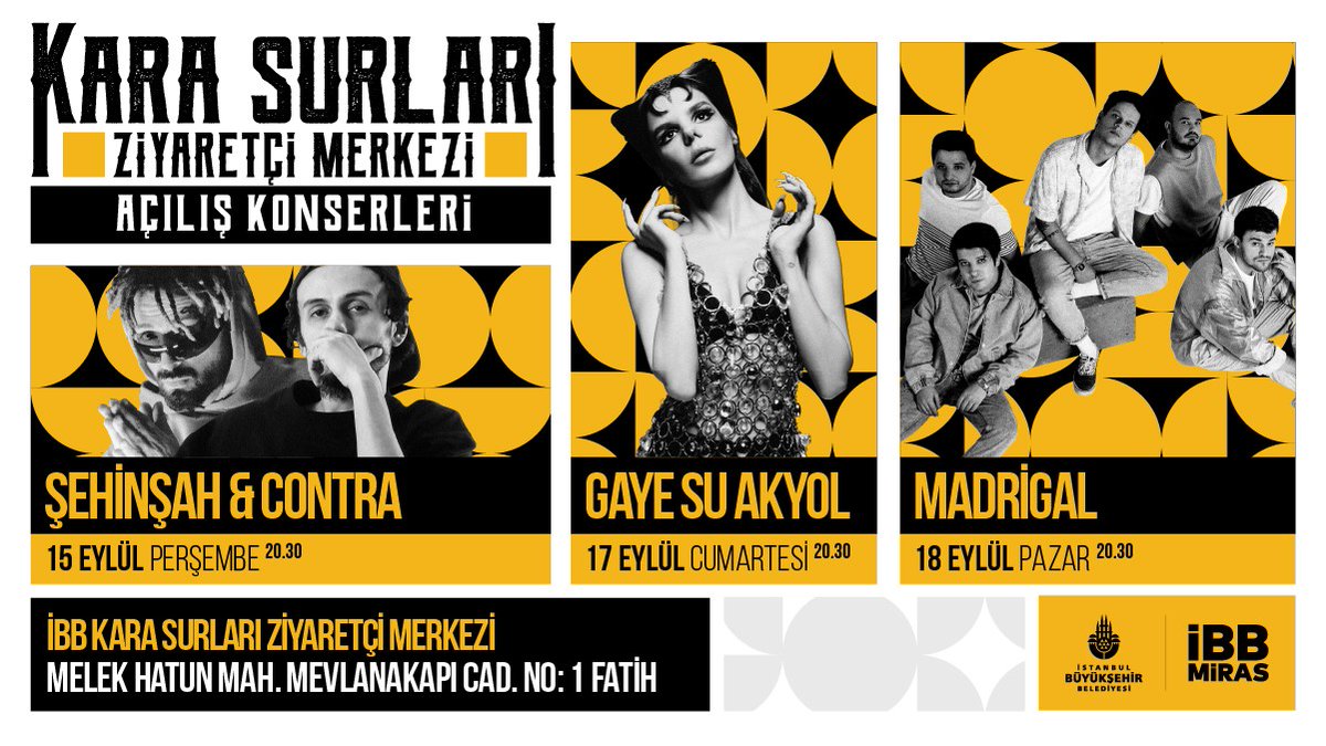 Tarihi İstanbul Kara Surları, kültür ve sanatın yaşam alanı oluyor 💛 

İBB Kara Surları Ziyaretçi Merkezi açılışı için biz hazırız! Unutulmaz bir konser serisiyle heyecanımızı paylaşmak için hepinizi Mevlanakapı Ziyaretçi Merkezi Etkinlik Alanı'na davet ediyoruz...