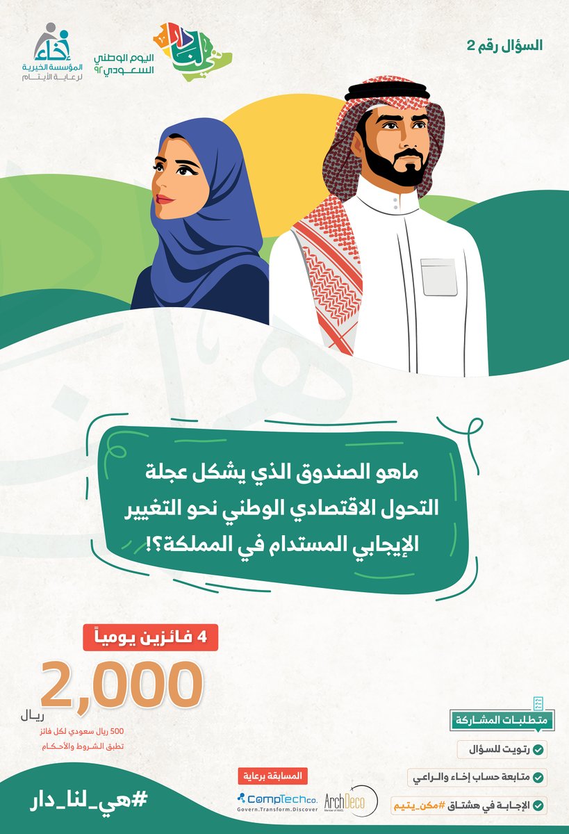 EkhaaSA_'s tweet photo. #الآن السؤال الثاني

مسابقة #اليوم_الوطني_السعودي92 

شروط المسابقة 🔴: 
✅ متابعة حساب 
@Ekhaa_sa

✅ متابعة حسابي  
@ArchDecoHome
 و 
@CompTechCo

✅ رتويت للسؤال
✅ الإجابة في هاشتاق #مكن_يتيم 

.
.
#مكن_يتيم
#هي_لنا_دار 🇸🇦
#اليوم_الوطني_السعودي92 https://t.co/BobTUrm2Zd