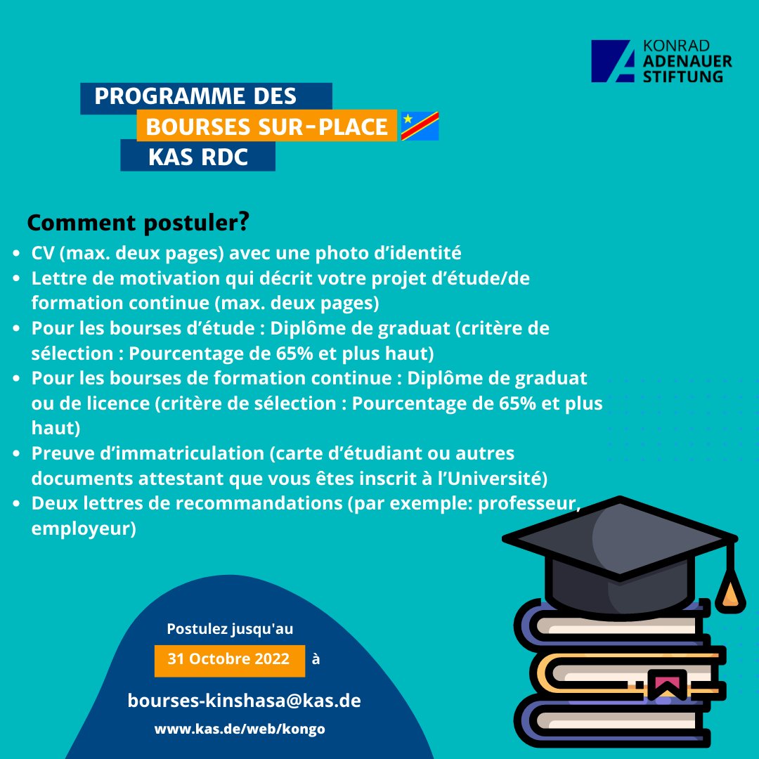 Jakob Kerstan (@jakobkerstan) on Twitter photo As a former <a href="/KASonline/">Adenauer-Stiftung</a> scholarship holder myself, I'm delighted to announce the start of this year's application period for our sur-place scholarship program in the #DRCongo 🇨🇩
YOU can apply until 🗓 October 31, 2022
#opportunities @JeunesseCN_RDC #scholarships
#spreadtheword As a former <a href="/KASonline/">Adenauer-Stiftung</a> scholarship holder myself, I'm delighted to announce the start of this year's application period for our sur-place scholarship program in the #DRCongo 🇨🇩
YOU can apply until 🗓 October 31, 2022
#opportunities @JeunesseCN_RDC #scholarships
#spreadtheword