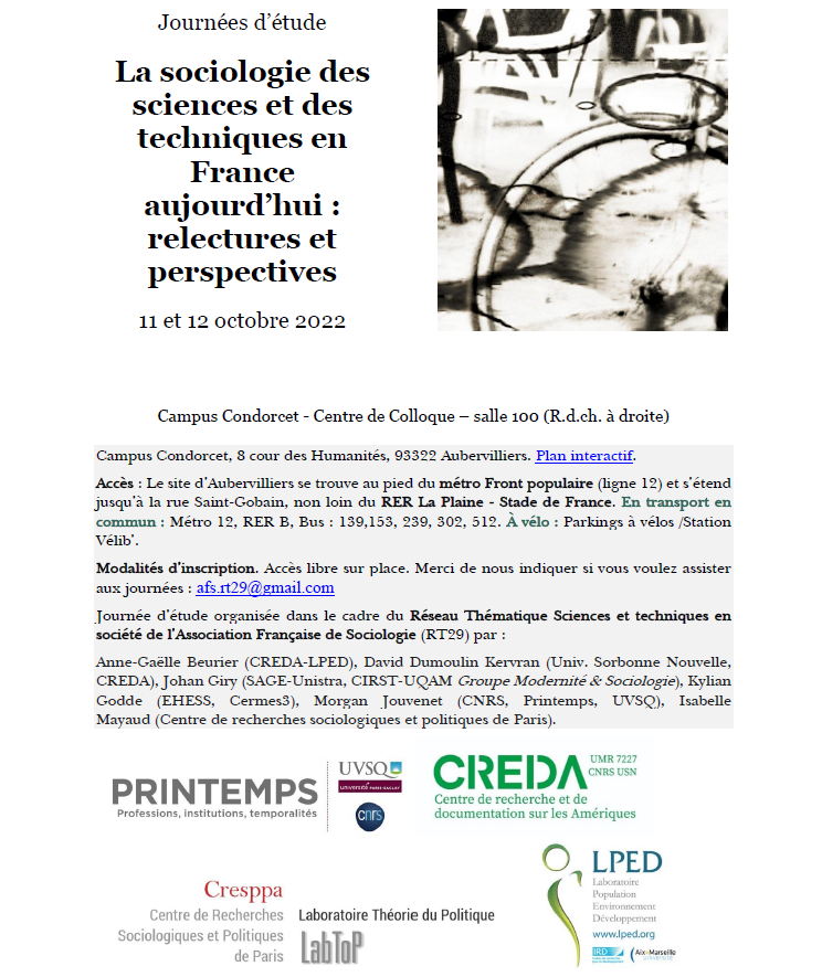 GiryJohan's tweet image. Très heureux de vous communiquer le programme des journées d'étude du RT 29 Sciences et techniques en société de l'@afs_socio, qui se tiendront le 11-12 octobre prochains au @CampusCondorcet, avec la participation du @Labo_Printemps, #Cresppa, #Labtop et @LPED151. RT appréciés🙏