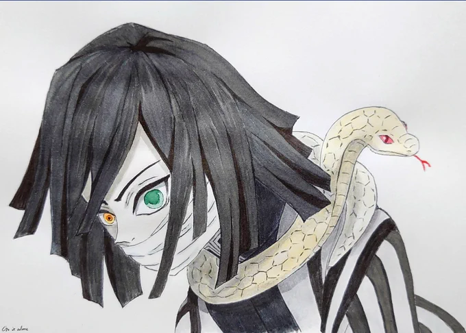 お誕生日おめでとうございます原作のシーンを参考に、アニメ風に仕上げてみました。塗りは水彩筆ペン使ってみましたが、難しかったです…#伊黒小芭内生誕祭2022#伊黒小芭内誕生祭2022 