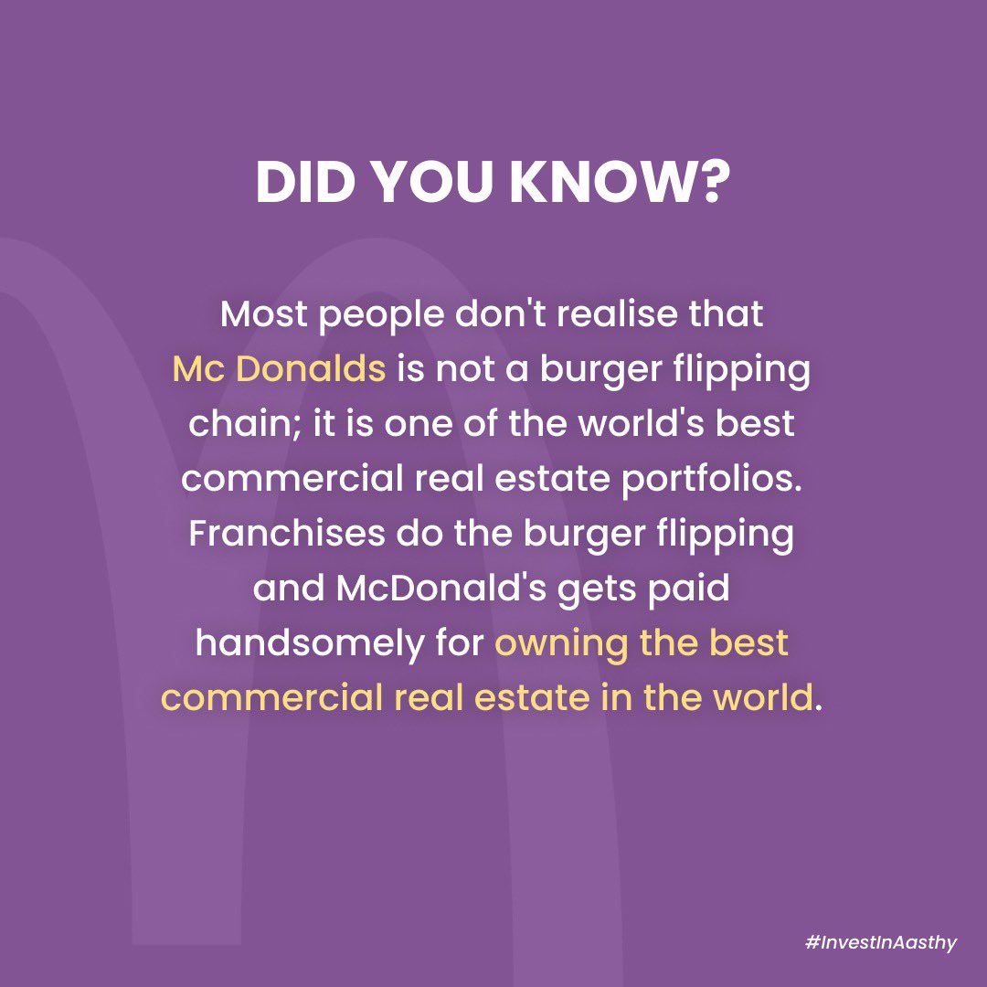 AasthyRE's tweet photo. While the brand has sold more than one billion hamburgers to customers around the world, 85% of its stores are owned by franchisees. They pay to use McDonaldโs brand name but unlike other franchises, McDonaldโs owns the land the stores are built on ๐
#aasthy #DidYouKnow https://t.co/s3ktUVgwOk