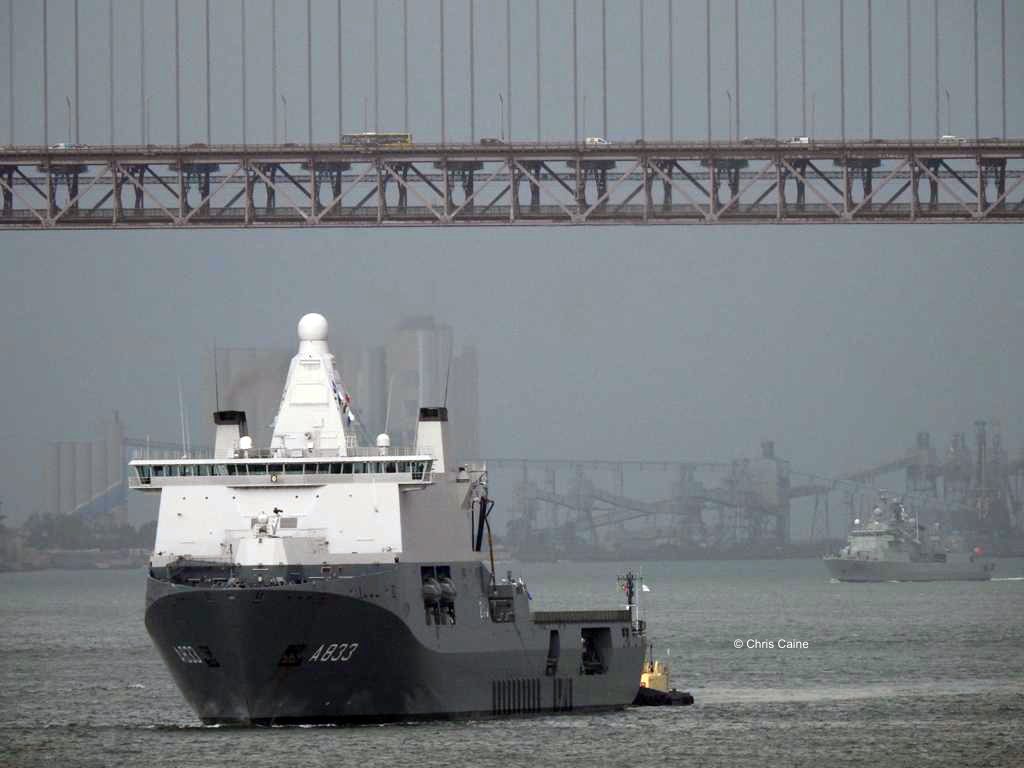 air_maritimepic's tweet photo. HNLMS Karel Doorman and NRP Corte-Real in Lisbon this morning. @kon_marine @MarinhaPT @COM_SNMG1 @NATO_MARCOM @NavyLookout @nato_news @CNPics_ @WarshipCam https://t.co/dNqezJGPSb