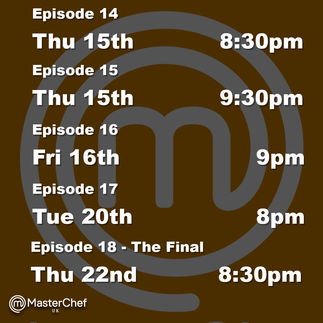 Here's the full schedule for the rest of the #CelebrityMasterChef series. All episodes will air on BBC One and <a href="/BBCiPlayer/">BBC iPlayer</a>, starting this Thursday at 8:30pm. #MasterChefUK