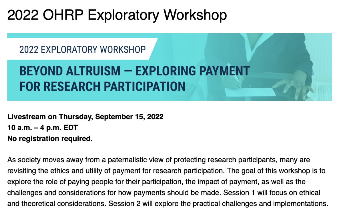 Please join us TOMORROW for OHRP's 2022 workshop on paying research participants! Will you be coerced? No. Will you be unduly influenced? No. But you will learn more about the ethics of $$? Yes! hhs.gov/ohrp/education…