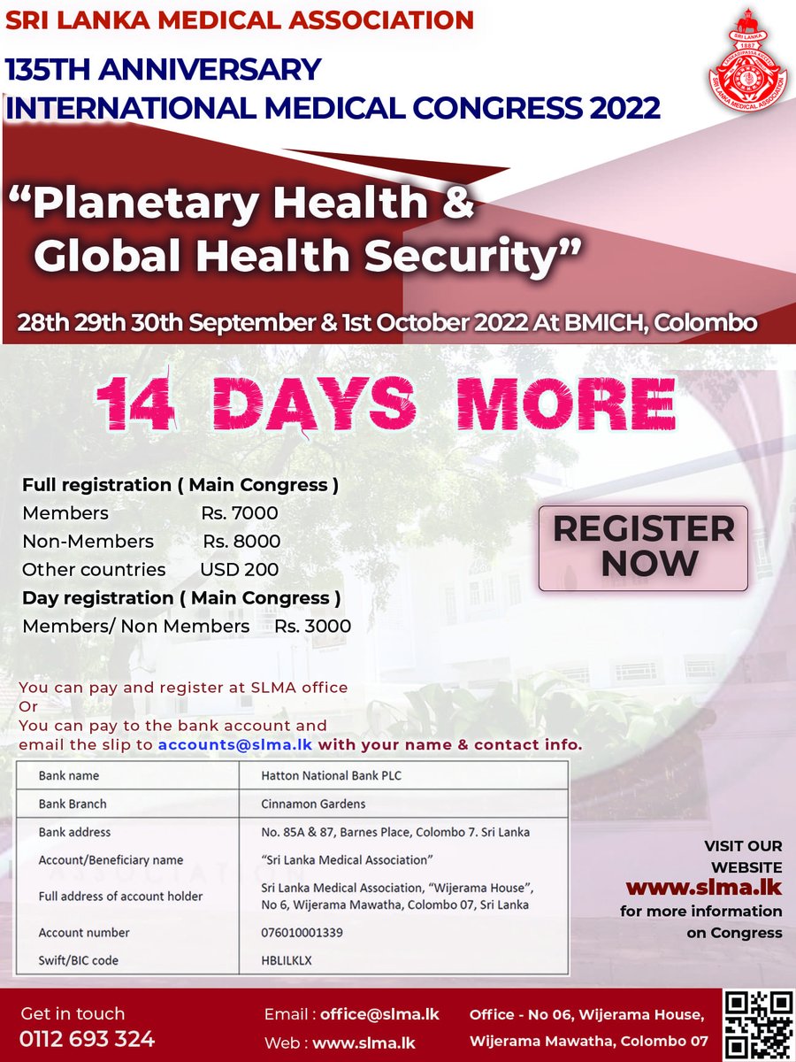 SRI LANKA MEDICAL ASSOCIATION
135TH ANNIVERSARY INTERNATIONAL MEDICAL CONGRESS 2022
Register Now!