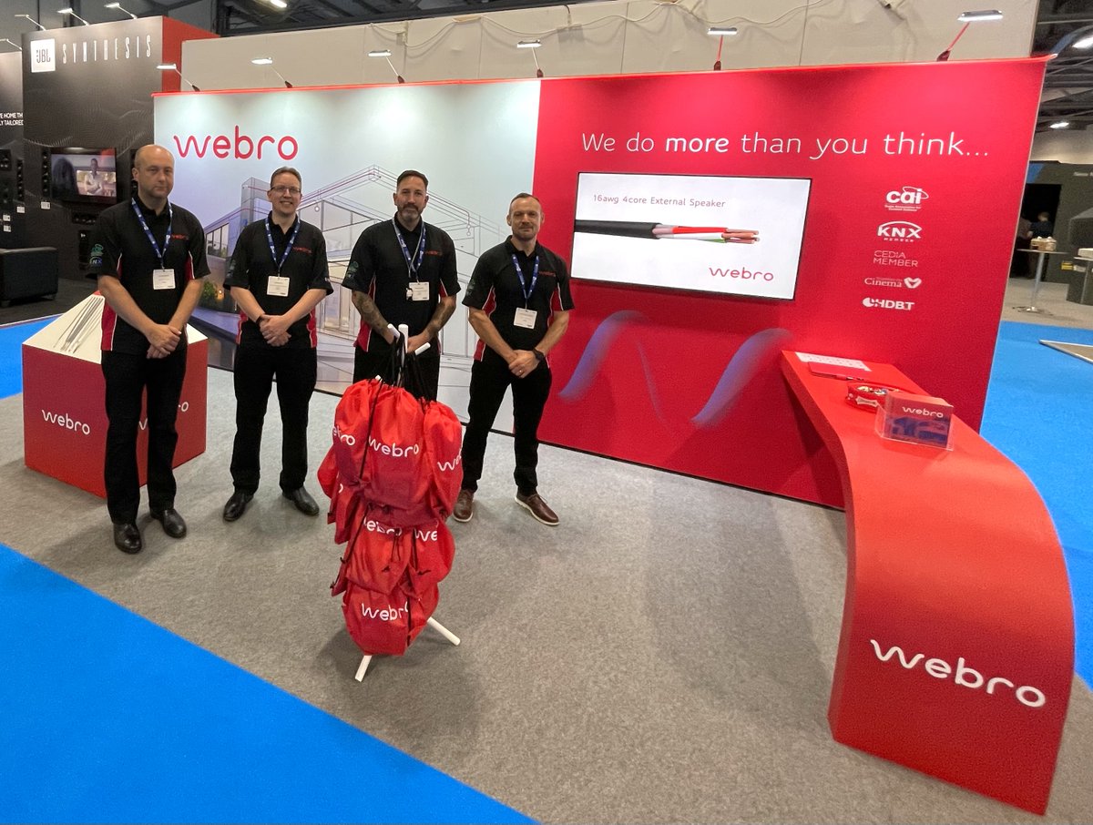Webrocables's tweet photo. EI Live starts today. Here’s the Specialist Cable Team, looking proud on the stand that’s showing the new Webro rebrand that’s launched today!
Visit Stand 45 to discuss your project needs with them – and to get your freebie gifts. #eiliveshow #rebrand #stand45 https://t.co/C86e4PPFgV