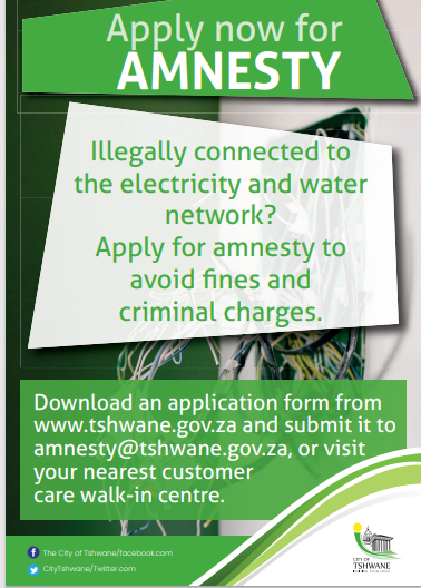 Powerfm987's tweet photo. Sponsored
Apply for amnesty now!
@CityTshwane
is offering consumers illegally connected to the electricity and water network a chance to fix their wrongs to avoid fines or criminal charges being laid against them.
#AmnestyProgramme https://t.co/J6sKAY5iK9