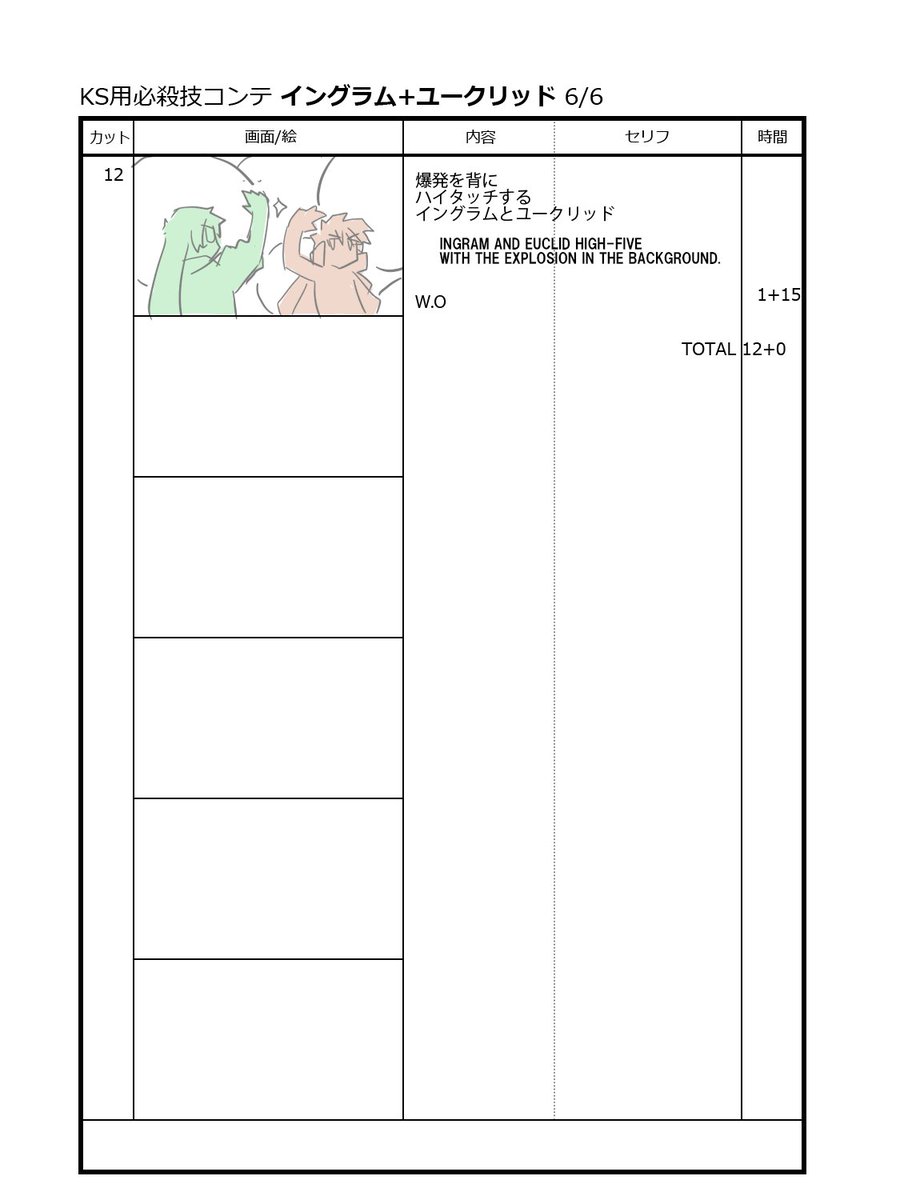 合体技コンテの作業は…

まず金子が、イメージや流れをテキストにまとめた字コンテを作成。
それを元にチーフディレクターの石井くんが
更にイメージを膨らませて、
目に見えるコンテと描き起こしてくれるのが通例です。 