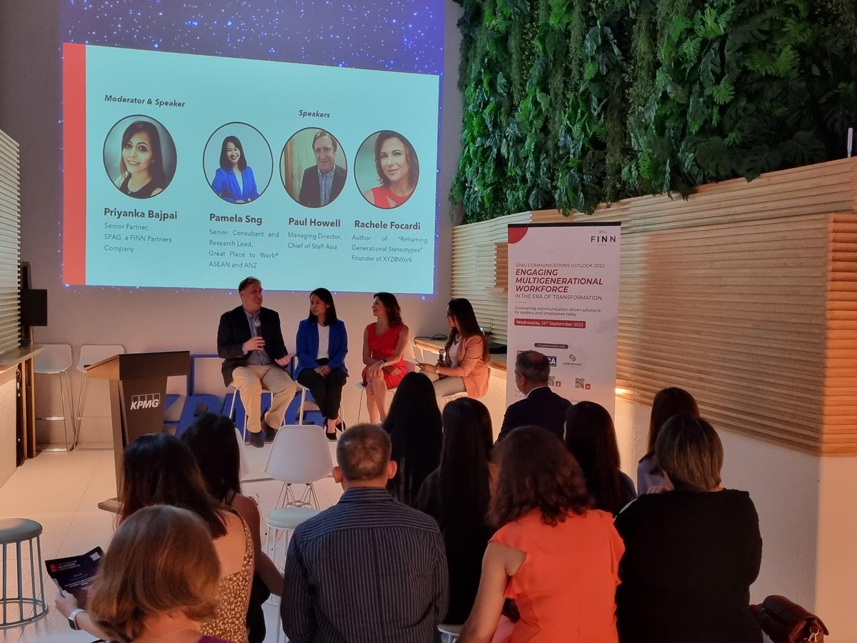 SPAGAsia's tweet image. Our panel discussion is underway! Our moderator and speaker (@Priyanka_BJ) together with our distinguished speakers, Pamela Sng (Great Place To Work®), Paul Howell (Chief of Staff Asia), and Rachele Focardi (XYZatWork) share their insights on a #multigenerationalworkforce.
