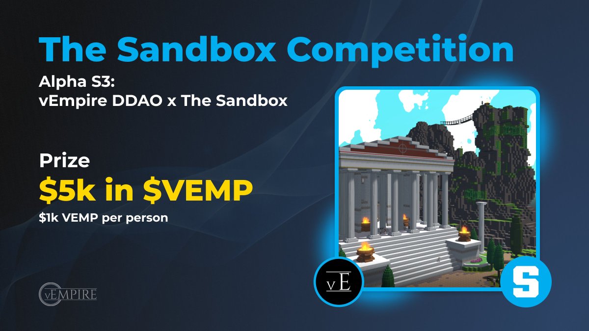 VEMP Horizon (@vemphorizon) on Twitter photo To celebrate the release of our <a href="/TheSandboxGame/">The Sandbox</a> Experience release we are launching a HUGE COMPETITION with a $5k PRIZE 🤑 💰
The 5 winners will each receive $1k in $VEMP 👀
Check below for the steps to enter 👇 To celebrate the release of our <a href="/TheSandboxGame/">The Sandbox</a> Experience release we are launching a HUGE COMPETITION with a $5k PRIZE 🤑 💰
The 5 winners will each receive $1k in $VEMP 👀
Check below for the steps to enter 👇