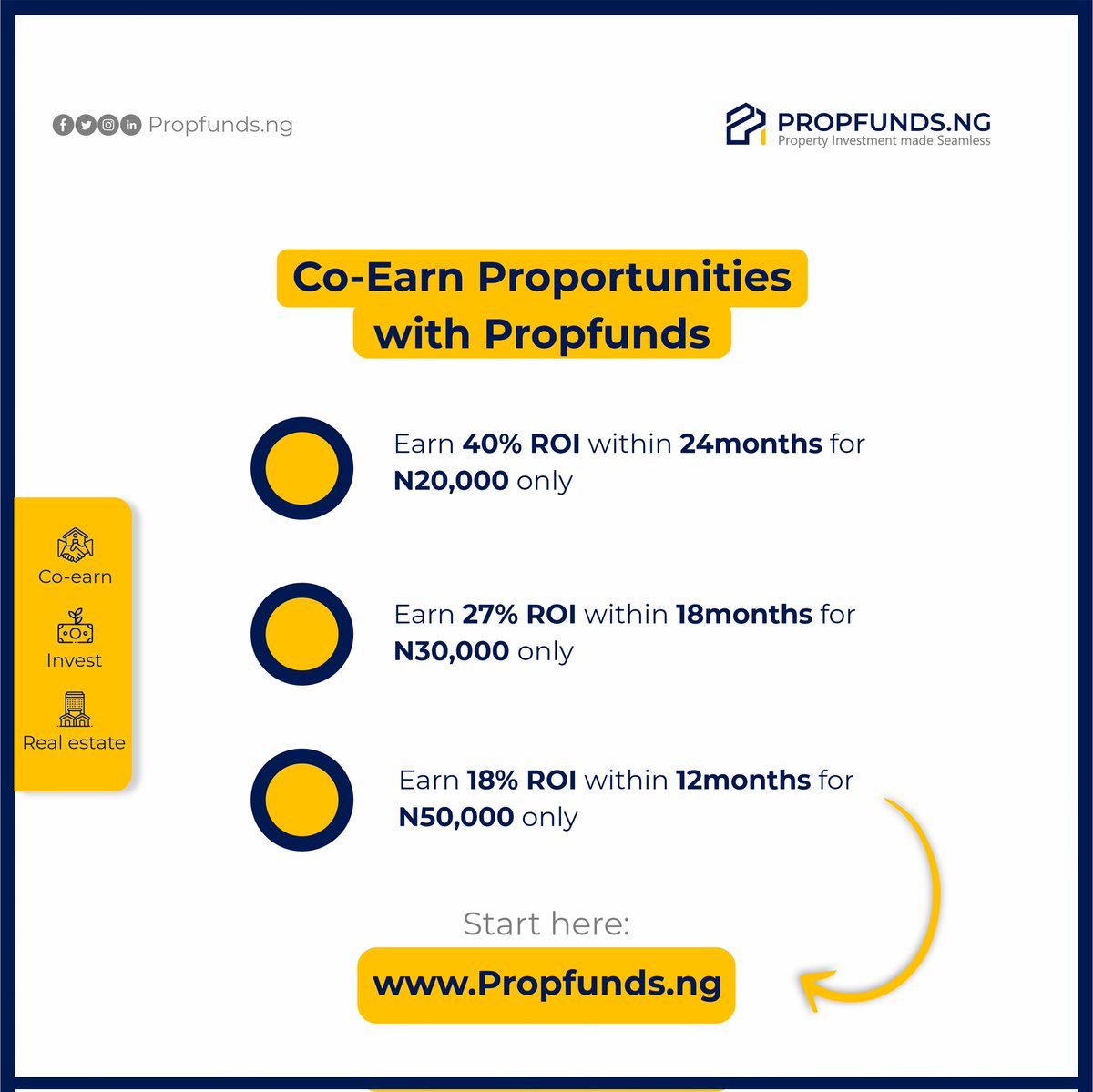Propfundsng's tweet photo. Investing in real estate can correlate to an increase in wealth.
Making those strides towards investing now can change your financial future for good.

Here are the proportunities we offer.

Do not be afraid to take small steps!!!
.
.
.
#realestate #investment #tech #wealth https://t.co/ZFaODMSgK9