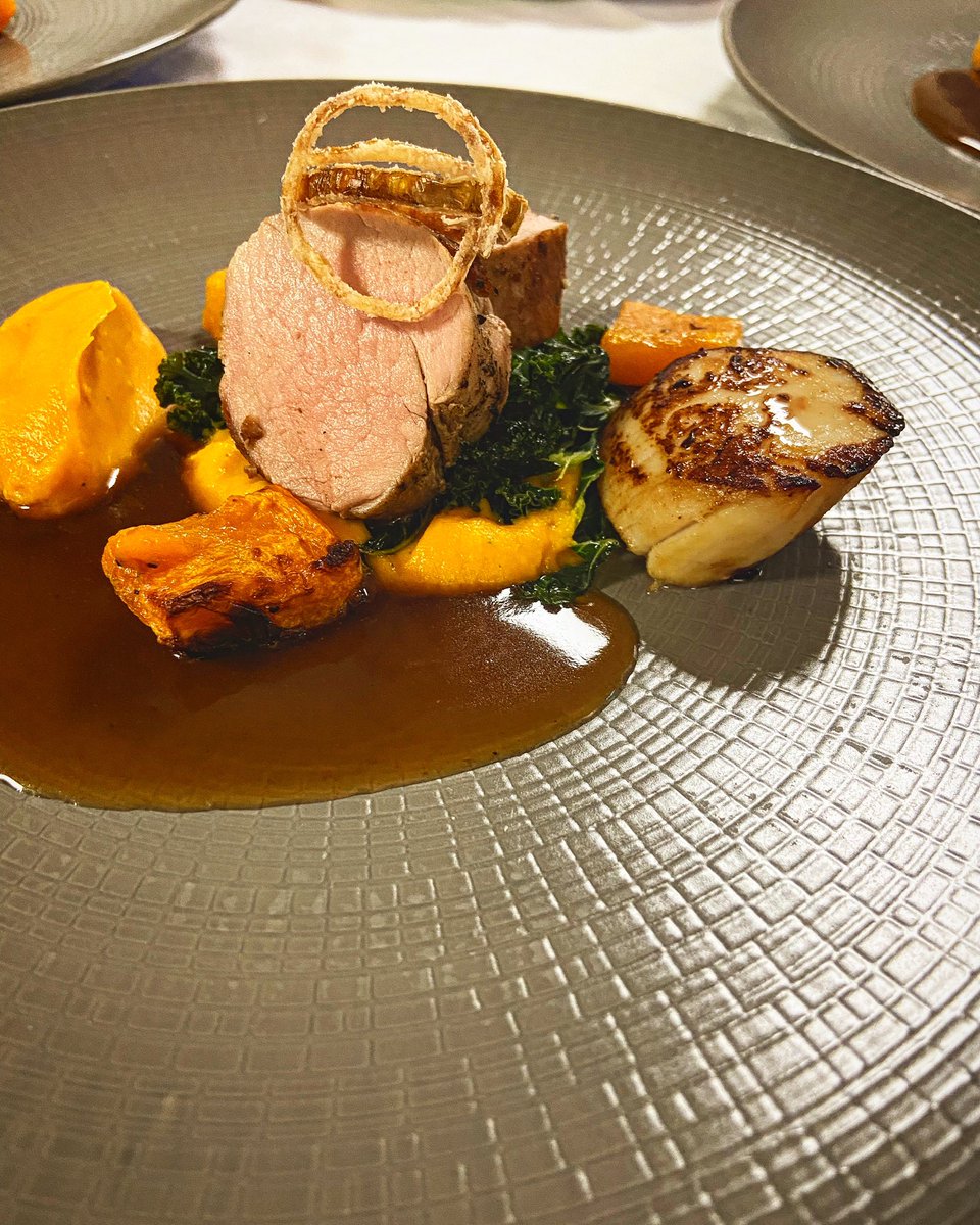 Outdoor rare bread <a href="/RosscarberyReci/">Avril Allshire-Howe</a> pork tenderloin/ pumpkin and sage purée/roasted scallop/cider sauce <a href="/CelticRossHotel/">Celtic Ross Hotel</a>