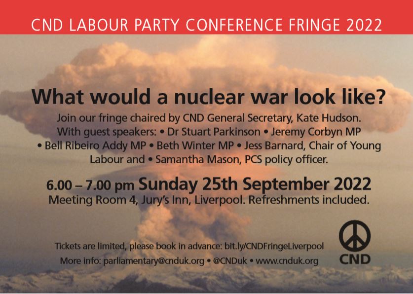 CNDuk's tweet photo. 🌹Attending @UKLabour Conference? Come to CND's fringe event on nuclear weapons! 

☮️Sunday 25 Sept from 6pm 

Speakers: Dr. Stuart Parkinson of @ResponsibleSci, @jeremycorbyn, @BellRibeiroAddy, @BethWinterMP, @JessicaLBarnard, and @Sam_Mas66. 
Sign up 👇
https://t.co/s0j8rf5l7T https://t.co/4AE46mkOCY
