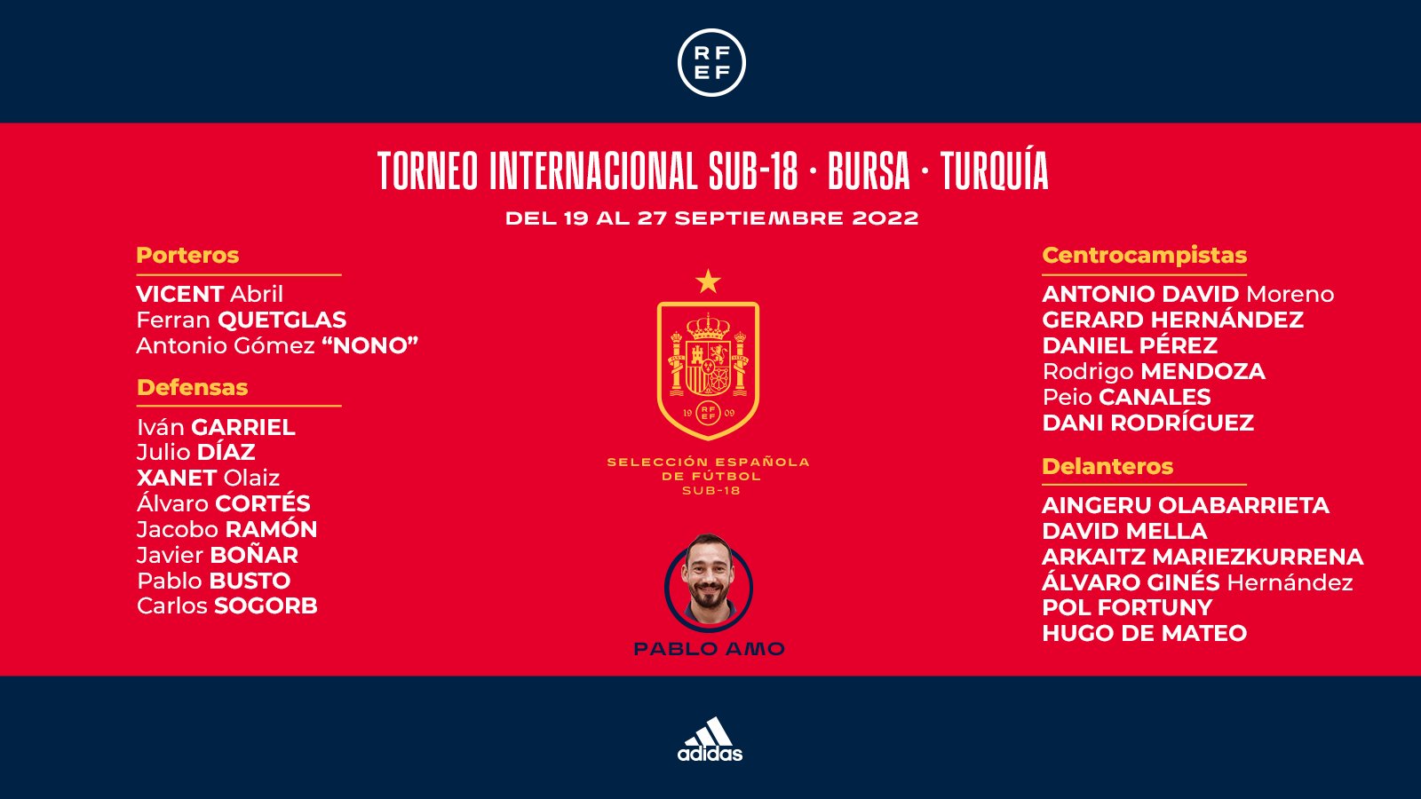 Selección de Fútbol on Twitter: | Estos son los convocados por Pablo Amo para el torneo internacional en Turquía. 🗓️ 22/09/2022 ⚽️ 🇪🇸-🇵🇹 ⌚️ 12:30h 🗓️ 24/09/2022 ⚽️ 🇹🇷-🇪🇸