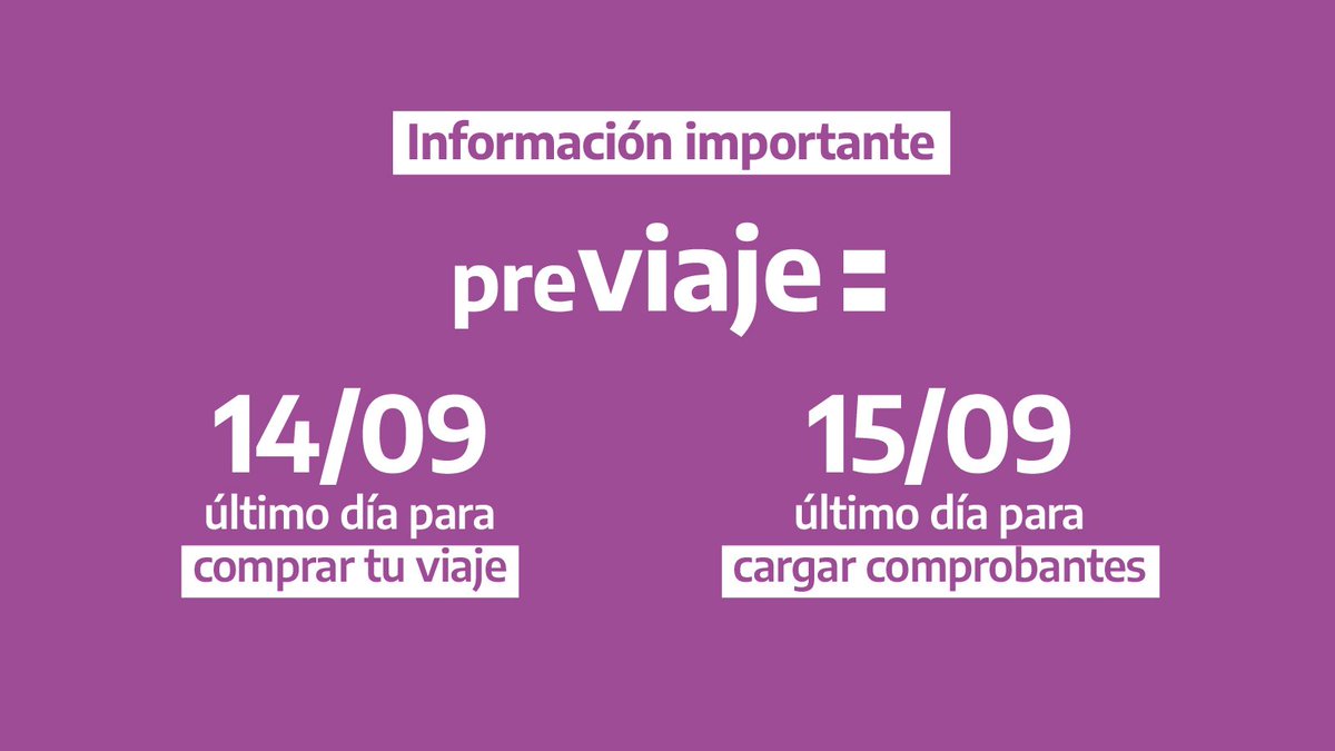 TurDepAR's tweet photo. Como consecuencia del gran éxito de #PreViaje, se alcanzó el presupuesto estipulado para esta edición. Por ese motivo, hoy será el último día para realizar compras. La carga de comprobantes estará disponible hasta el 15 de septiembre inclusive. 💳

👉 https://t.co/PDSwoIoY0K https://t.co/ay2Q0c9cZ5