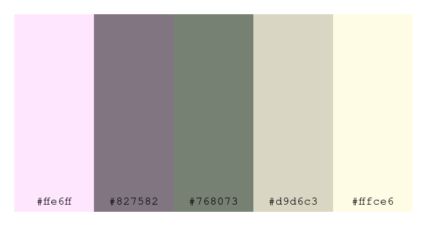 ColPaletteBot's tweet photo. Beep beep, here's a pretty color palette for you! 

color-scheme.js parameters used: 
- hue: 314
- variation: pale
- colors: #ffe6ff, #827582, #768073, #d9d6c3, #fffce6

Have a lovely day!

#twitterbot #colorpalette #colors #palette #prettycolors https://t.co/EM5KXaQTfz