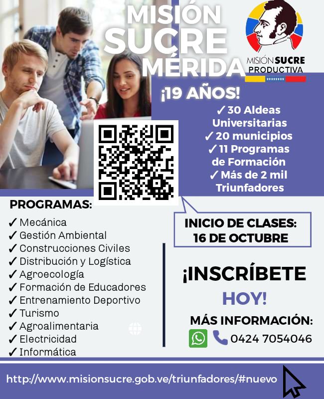 sucre_merida's tweet photo. 🎓 Inscríbete HOY en las carreras de Mecánica, Turismo, Agroalimentaria, Electricidad, Informática y muchas más, 
Regístrate aquí: https://t.co/Lr7b4jQhpz
#VenezuelaMultiproductiva https://t.co/QE4bUwhrOe