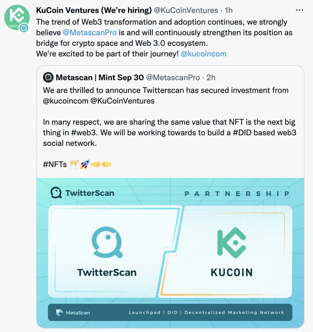 TwitterScan has secured investment from @kucoincom @KuCoinVentures TwitterScan PASS NFT Drop Date: 9<a class="tags" target="_blank" title="On Twitter" href="/?out=eyJ0eXAiOiJKV1QiLCJhbGciOiJIUzUxMiJ9.eyJpYXQiOjE3MjUwNTE5NzIsImlzcyI6InR3cG9ybnN0YXJzLmNvbSIsIm5iZiI6MTcyNTA1MTk3MiwiZXhwIjoxNzU2NTg3OTcyLCJyZWRpcmVjdF91cmwiOiJodHRwczovL3R3aXR0ZXIuY29tL2t1Y29pbmNvbSJ9.w2c3Hq6OQOVZXKG6o09mIBrucdQTuTR7ol8Xmu0IZjb1lRVB-ru99KHHRj8O1cuN-c0vMEf-kl8tOmQjUG--_w">@kucoincom</a><a href="/tag/newprofilepic"class="tags"><span>#newprofilepic</span></a>