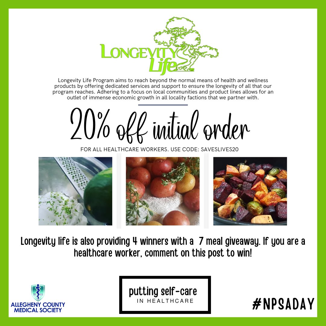 alleghenycms's tweet photo. We have another meal prep promotion to share, this time from Longevity Life! They are offering 20% off with the code SAVESLIVES20 to all healthcare workers in September. Longevity Life is also donating 7 meals to four winners! Comment on this post for a chance to win! Good luck! https://t.co/YYuSF2PB1z