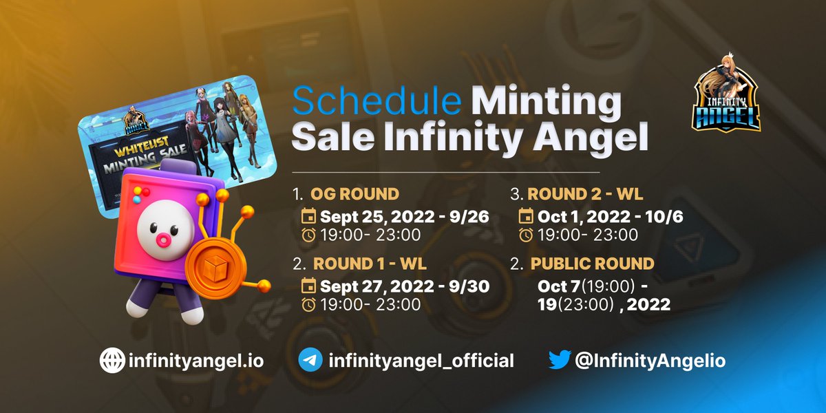 InfinityGamesio's tweet photo. We are glad to announce the minting schedule for Infinity Angel will be running from 2022/9/25–2022/10/17 and will be in 4 rounds.

For more details, see below:

https://t.co/IsmuR9OqmD

#IDO #Minting #P2EGame #Web3 https://t.co/iEHc9QBIPa