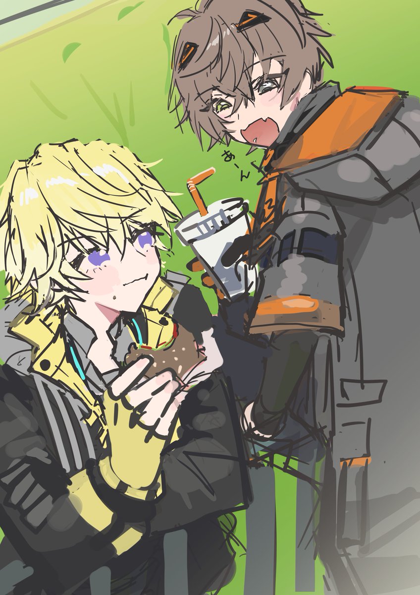 2boys multiple boys male focus blonde hair purple eyes food burger  illustration images