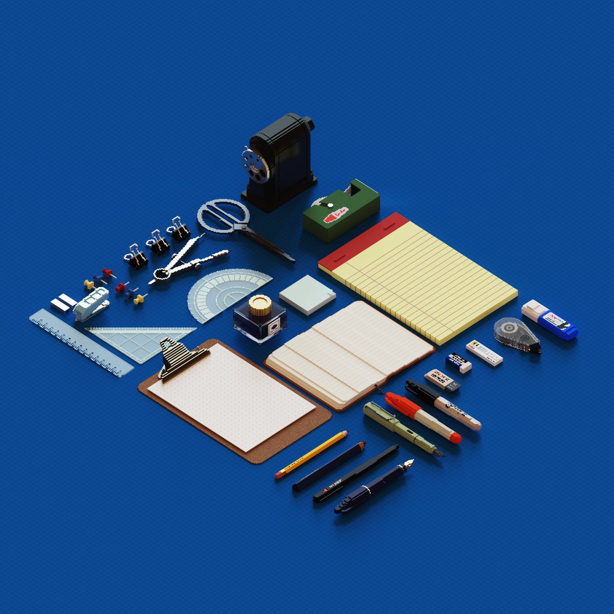 【文具系列全圖】

這裡是前面三張作品之中的所有文具~ 
之所以會搭配上 #異度神劍 系列的一些圖案還有文字
除了因為先前在遊玩時對於其中的一些對話有感觸之外
也覺得能為這些物件提供更多不同的情境
你們最喜歡哪一組呢？

#voxel #voxelart #digitalart #3d #illustration #art