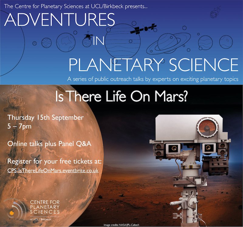 Tomorrow evening we launch 'Adventures in Planetary Science', a new series of exciting *free* public outreach talks. Our first event 'Is There Life on Mars?', features the following line-up of our wonderful planetary experts... 1/5

(Grateful for an retweets! 🙏 )