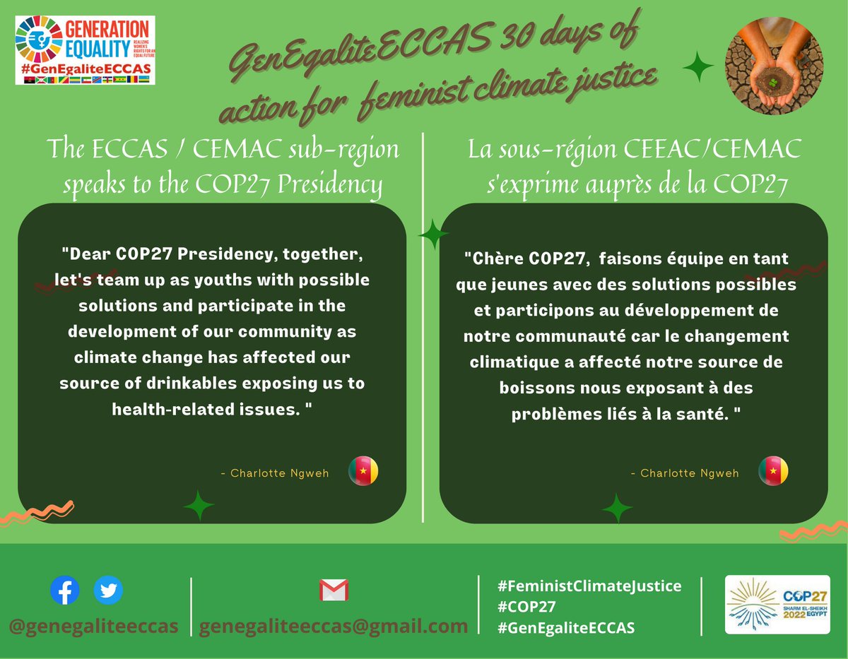 GenEgaliteECCAS's tweet photo. Jour 14: Personnes n'est laissé, écoutons le message de Charlotte Ngwe à la Présidence de la COP27 (@Cop27P ).

Day 14: No voice should be left out, let's all pay attention to the message of Charlotte Ngwe.

#FeministClimateJustice
#AfricaAdaptationSummit
#COP27
#GenEgaliteECCAS https://t.co/etITNre5Zg