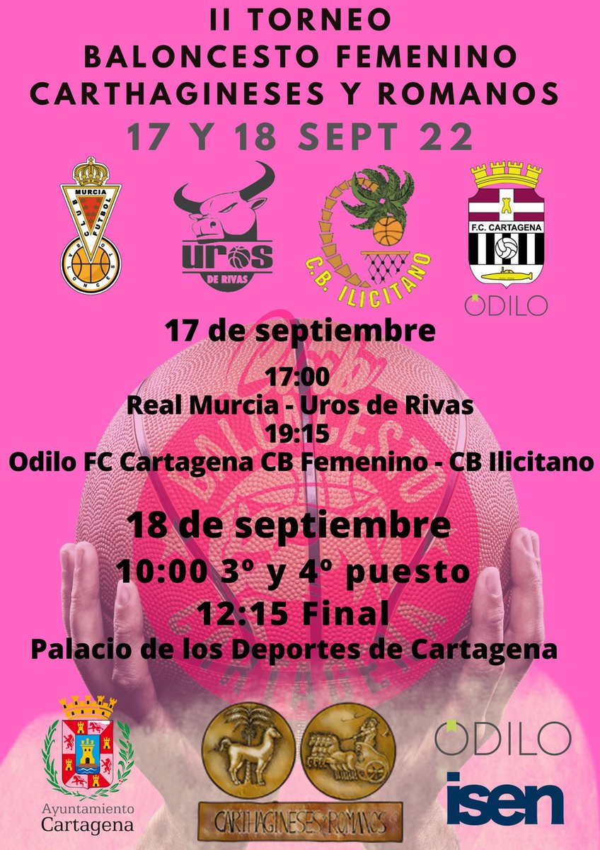 📢 Vuelve el Torneo de Basket Femenino “Cartagineses y Romanos”‼️

Contaremos con la presencia de los clubes:

<a href="/RMUBaloncesto/">Real Murcia Baloncesto</a> 
<a href="/UrosDeRivas/">UROS DE RIVAS</a> 
@CB_ILICITANO 

🗓 Os esperamos los días 17 y 18 de septiembre en el Palacio de Deportes de Cartagena‼️