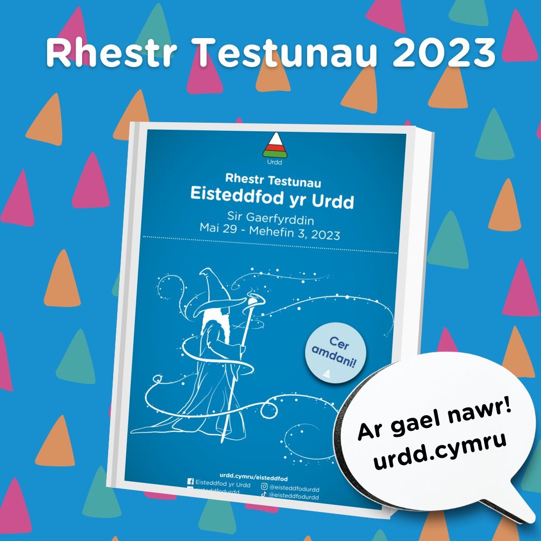 Mae Rhestr Testunau Sir Gaerfyrddin 2023 newydd lanio! 🎉

👉 urdd.cymru/rhestr-2023

Just landed: the 2023 Urdd Eisteddfod Syllabus!

🎭 Bwriadu cystadlu? Cofia bydd angen ymaelodi: urdd.cymru/ymuno