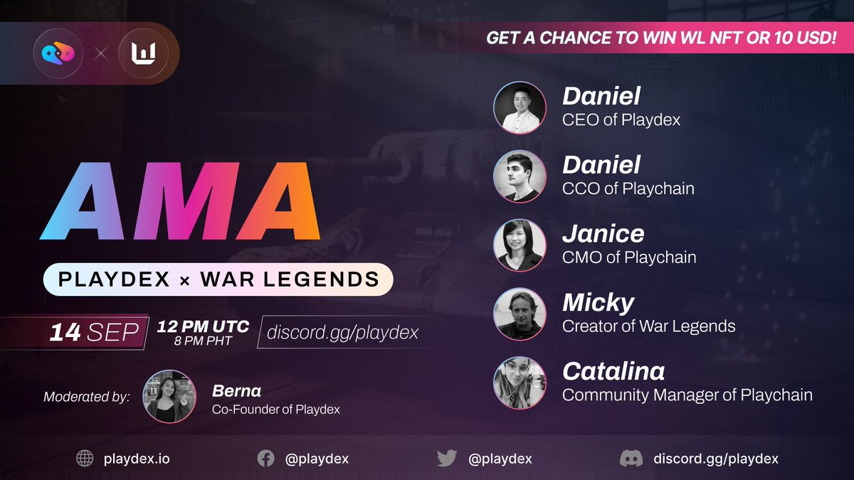 **AMA Announcement **

Gather up, soldiers!
Got questions about <a href="/warlegendsco/">War Legends</a>? This is your chance to meet the people behind your favorite #PlayToEarn war game!

 September 14, 2022
12 pm UTC (8 pm PHT)
 Playdex Discord Server: discord.gg/HUH2b5kXYX