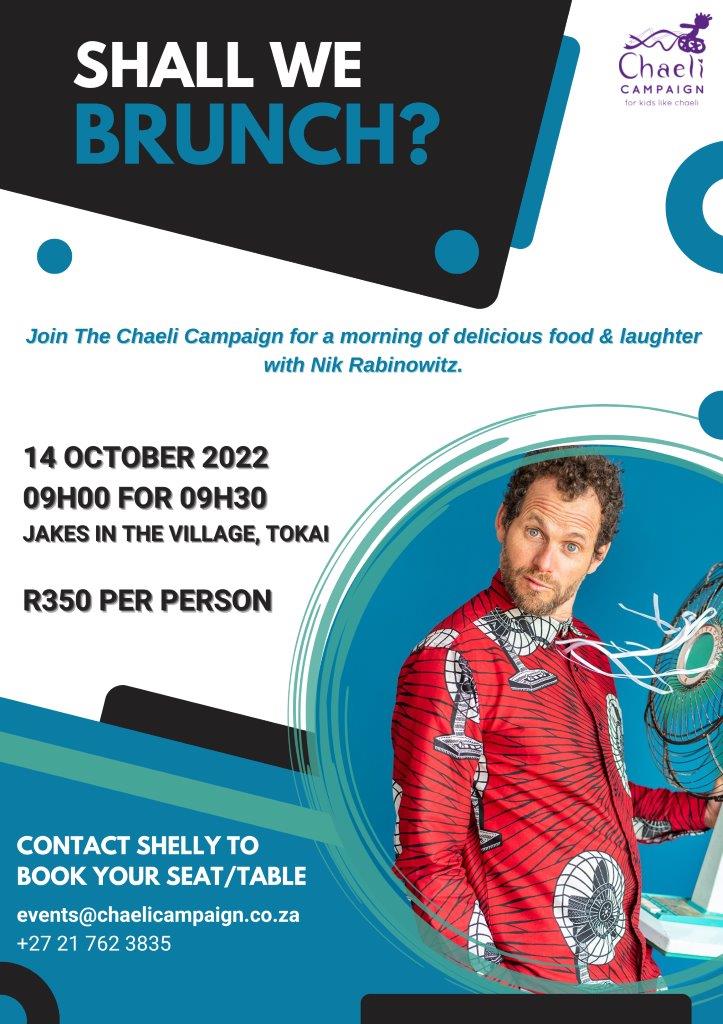The Chaeli Campaign (@chaelicampaign) on Twitter photo After a brief hiatus our Chaeli Campaign Brunch is back!
Join us on Friday, 14 October at Jakes in the Village, Tokai for a morning of delicious food and lots of laughter with comedian, Nik Rabinowitz. Please contact Shelly on events@chaelicampaign.co.za to book your seat/table. After a brief hiatus our Chaeli Campaign Brunch is back!
Join us on Friday, 14 October at Jakes in the Village, Tokai for a morning of delicious food and lots of laughter with comedian, Nik Rabinowitz. Please contact Shelly on events@chaelicampaign.co.za to book your seat/table.
