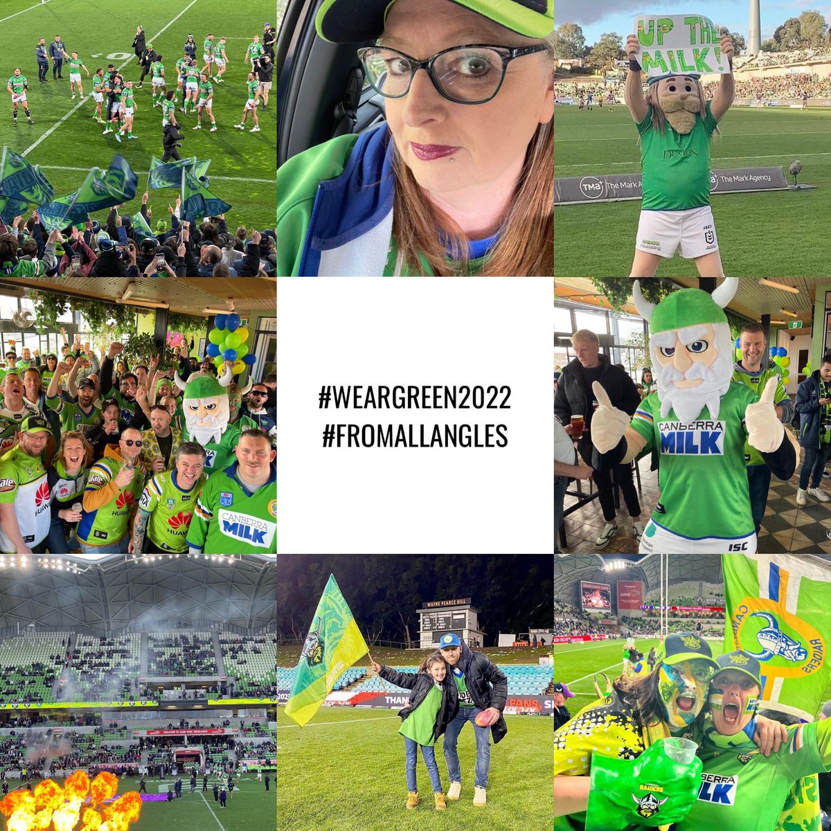 TheGHRaiders's tweet photo. Going to the #Canberra #Raiders’ clash with the Eels or watching on 📺? Enter our #WearGreen2022 #FromAllAngles photo comp! We are keeping entries open while the Raiders are playing finals! We will announce the final two winners of the year once we are at season’s end. https://t.co/BD5yDmM0zR