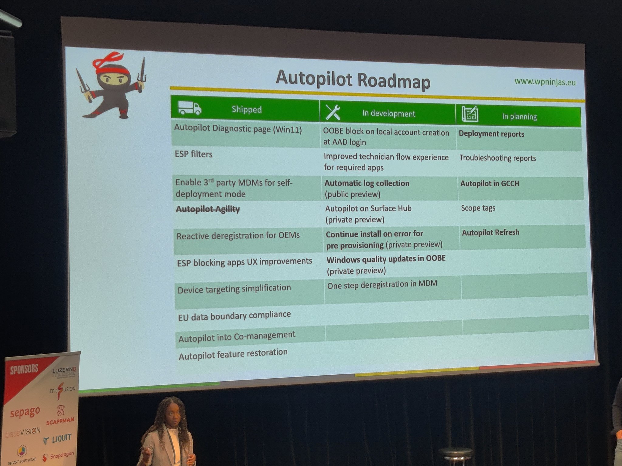 Michael Niehaus on Twitter "Windows Autopilot roadmap WPNinjaSummit with JuanitaBaptist3