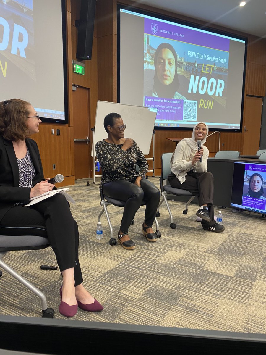 laurenhindman's tweet photo. A successful first public event for the @stonehill_info sport management program! Students loved hearing from athlete activist Noor Alexandria Abukaram & film director @yoshaylaharris about Noor's story & the @ESPN Title IX doc #LetNoorRun. Thanks to @GoStonehill for supporting! https://t.co/CIGxM4TA8h