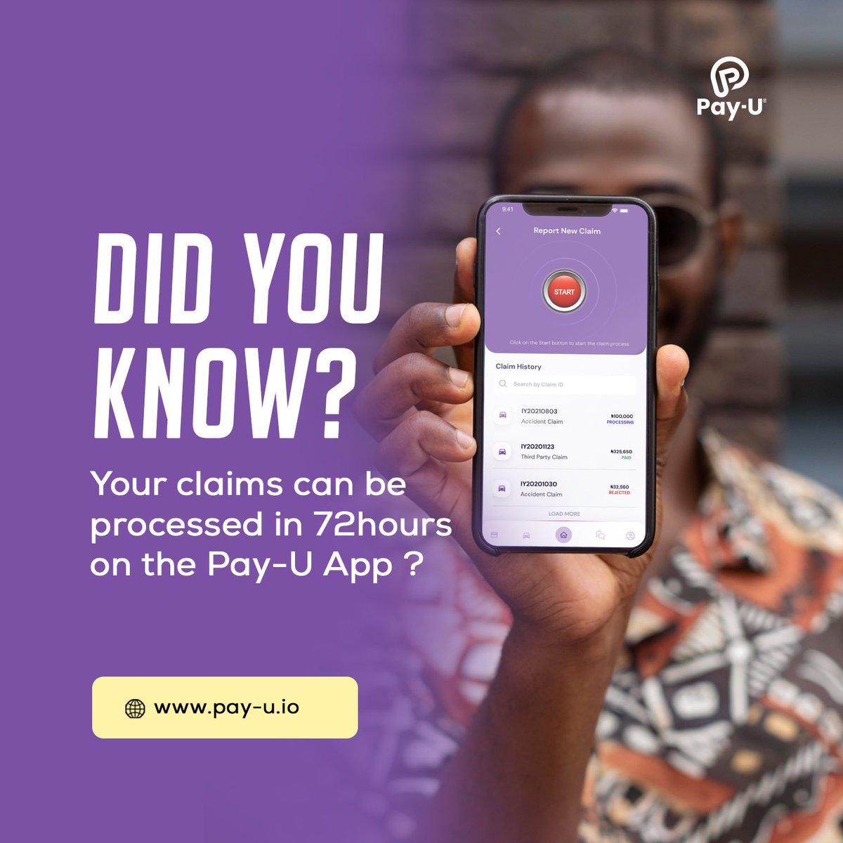 Pay_UTech's tweet photo. Did you Know?
Your claims can be processed in 72hours on the Pay-U App
Download the Pay-U App
Turned ON freedom on comprehensive motor insurance
Visit google play store or click on the link below to download your Pay-U App https://t.co/tbhsH95OI3
#PayUApp #PayUTech #insurtech https://t.co/fLwGy21Izw