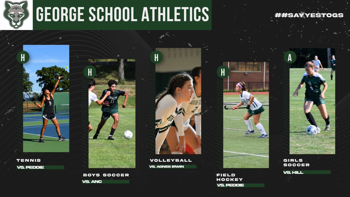 gs_athletics's tweet photo. George School Varsity Tennis, Soccer, Volleyball, &amp; Field Hockey teams are all in action today. For a full list of contests and video links, please visit: https://t.co/hFVDBvlGT4  
#LetsGoGS #SayYestoGS #GoCougars 
@FSL_Athletics @PhSportsDigest https://t.co/wn6WtxDFog