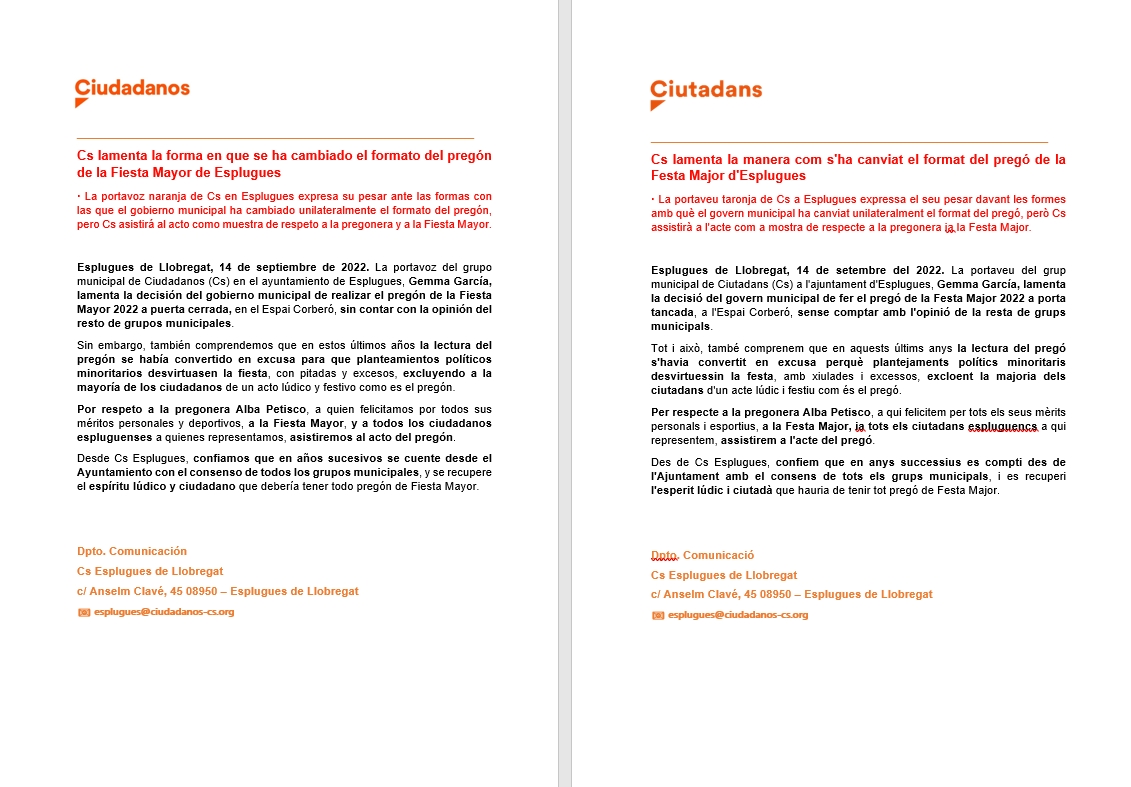 Desde <a href="/Cs_Esplugues/">Cs Esplugues de Llobregat</a>, lamentamos la forma en que se ha cambiado el formato del pregón de #FiestaMayor de #Esplugues, pero nuestros concejales asistirán al acto, como muestra de respeto a la pregonera Alba Petisco, a la #FestaMajorEsplugues y a toda la ciudadanía.