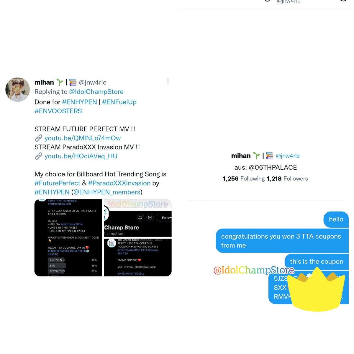 FOR #ENHYPEN

WINNER : @jnw4rie

CONGRATULATIONS🥳🥳🥳

READY 750 TTA COUPONS, DM ME FOR BUY♥
#TOPTENAWARDS #TTA #8thTTA