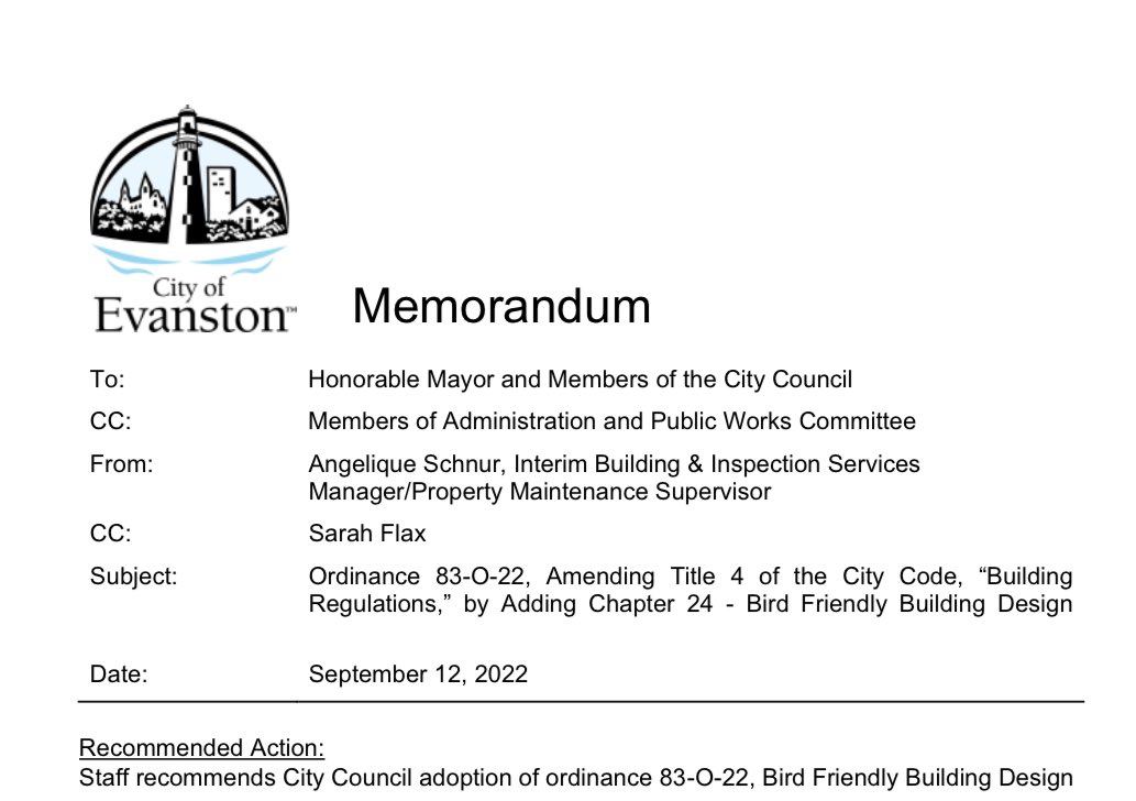 HeyAnnieNovak's tweet photo. THRILLED to see my hometown @CityofEvanston pass Bird-Safe Buildings legislation with the support of @ABCbirds 👏🏽👏🏽👏🏽 Anyone at City Hall want @GiordanosPizza as a thank you?? #birds #migration #sustainabledevelopment https://t.co/OBQmkGbrKL
